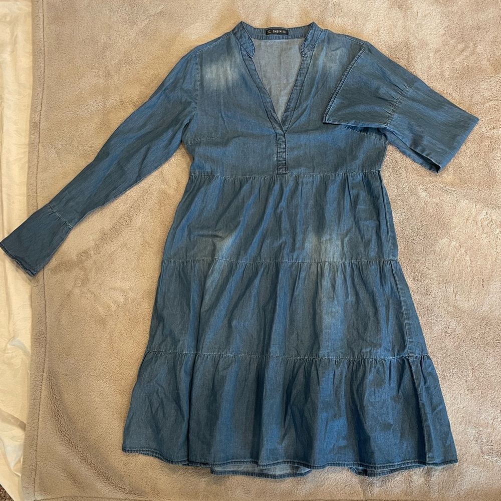 Flounce Sleeve Layered Hem Denim Dress